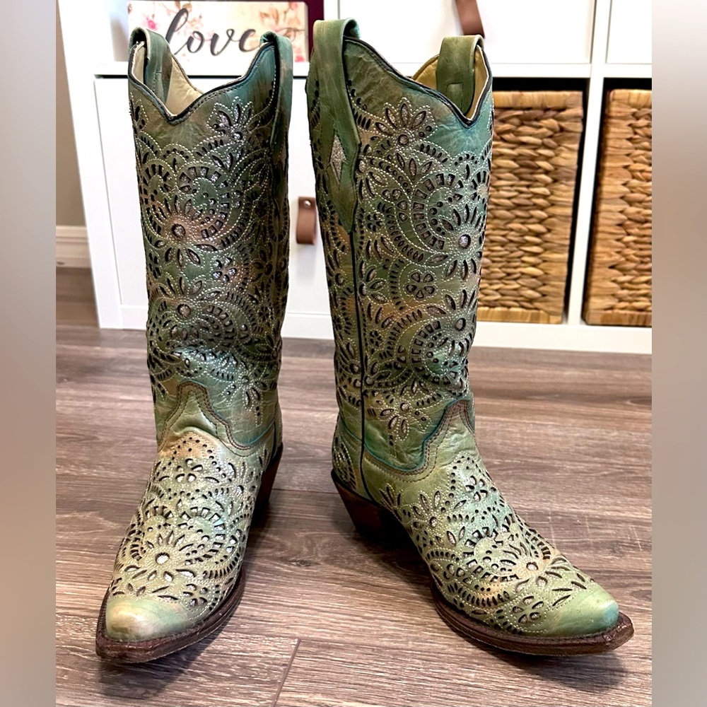 Corral boots, 7.5M, teal/beige/silver